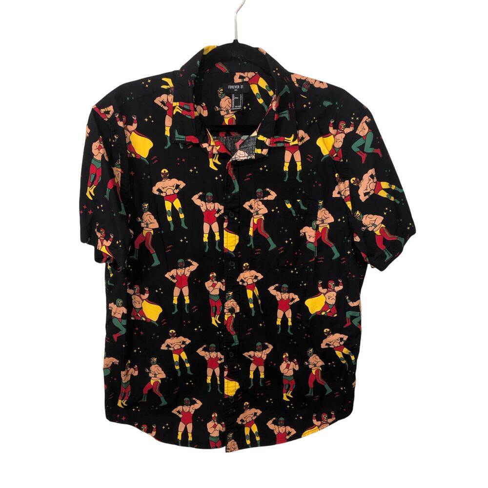 Luchadores Print Mens Shirt Size L Mexican Wrestler Black Button Front Cotton